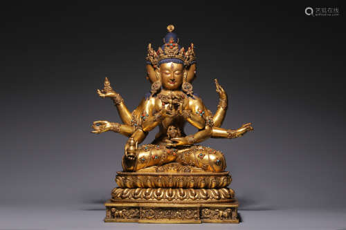 In the Qing Dynasty, the bronze gilt Zun wins the seated Bud...