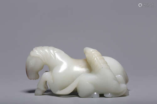 Hetian white jade double horse piece