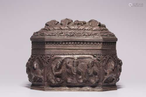 Theravada Buddhist chiseled silver cover box from Southeast ...