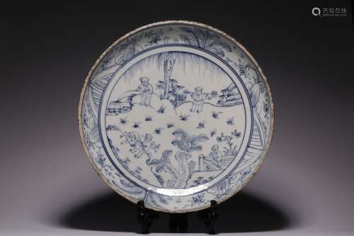 Republic of China, blue and white boy cattle dish
