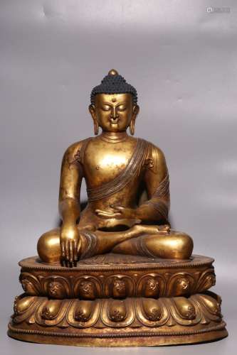 Sitting statue of Sakyamuni Buddha inlaid with silver and gi...