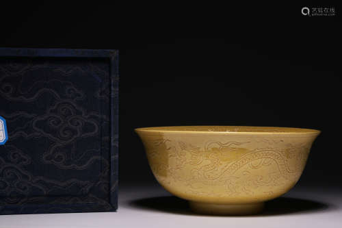 Lemon yellow glaze dark carved dragon pattern bowl