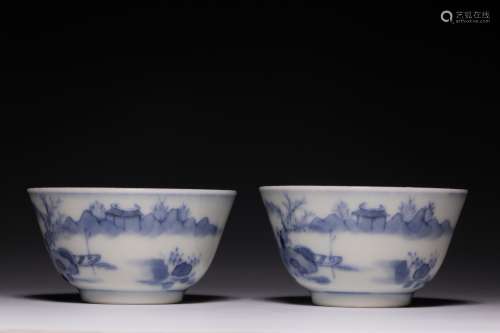 Blue and white landscape map small cup a pair