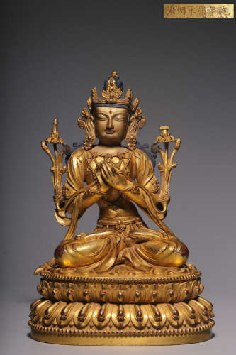A silver gilt statue of Manjusri Bodhisattva in the Qing Dyn...