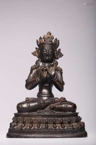 Ming Dynasty, bronze lacquer gold crown Guanyin sitting stat...