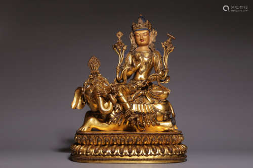 Sitting statue of Puxian Bodhisattva in gilt copper in Qing ...