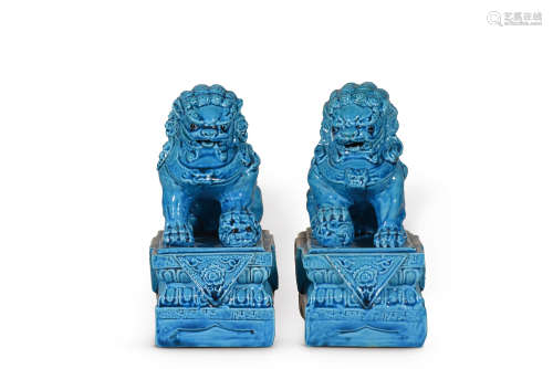 民国 孔雀蓝釉狮子瓷塑