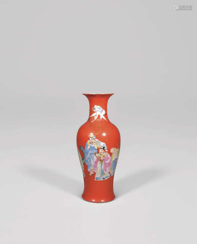 民国 珊瑚红地粉彩群仙祝寿图观音瓶