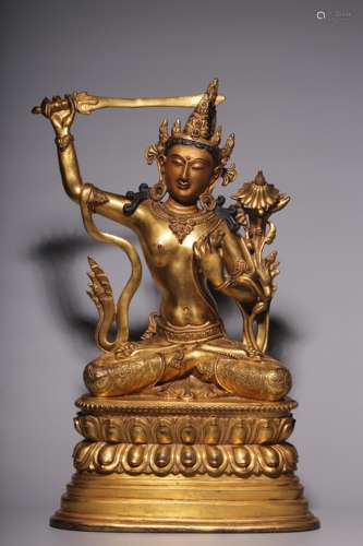 Sitting bronze gilt statue of Manjusri Bodhisattva in Qing D...