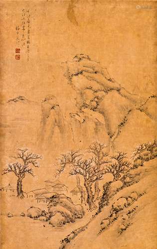 A FRAMED SILK PAINTING OF LANDSCAPE MOTIF, AFTER GONG XIAN