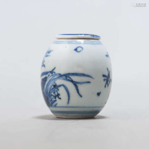 A CHINESE BLUE & WHITE ORCHID WATER POT WITH LID