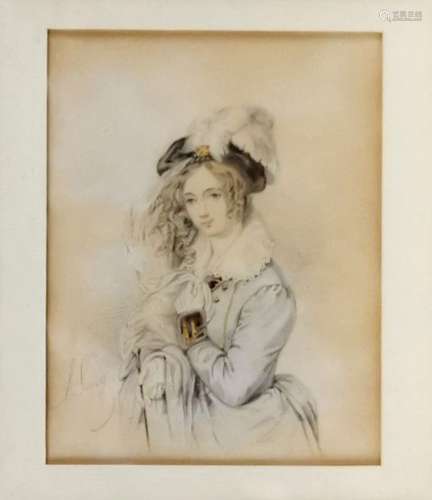 Ecole XIXe s signée L. Gusy<br />
Portrait de dame au chapea...