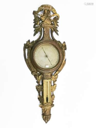 Baromètre thermomètre d'époque Louis XVI<br />
Bois sculpté ...