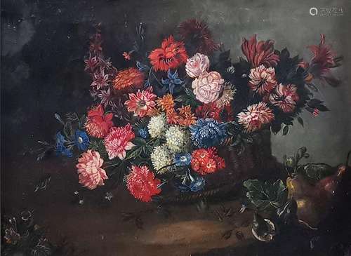 Ecole XIXe s<br />
Nature morte aux fleurs et figues, huile ...