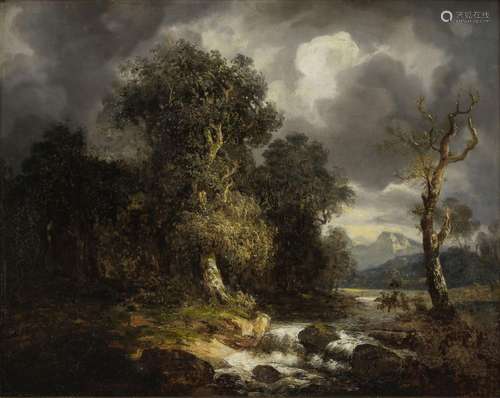 Ecole XIXe signée Zagoskin<br />
Paysage avec rivière, huile...