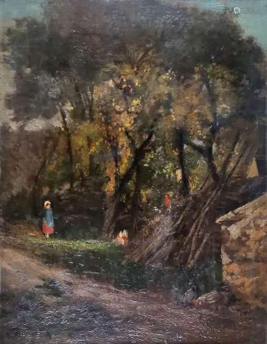 Karl Girardet (1813-1871) <br />
Petit chemin animé, huile s...