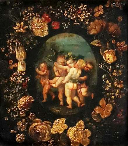 Ecole XIXe s<br />
Putti dans une couronne de fleurs, huile ...