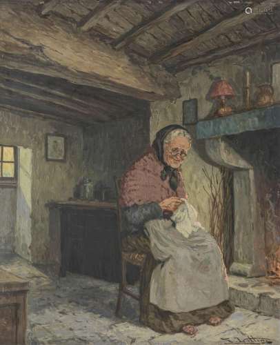Ecole XXe<br />
Grand-mère brodant près de la cheminée, huil...
