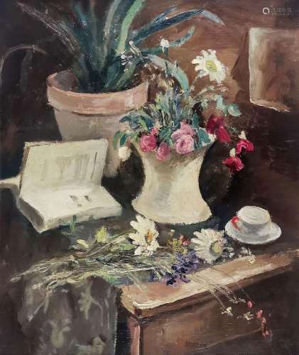 Emile Bressler (1886-1966)<br />
Fleurs et livre, huile sur ...
