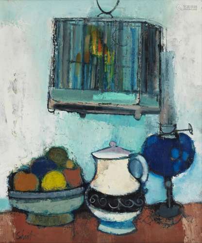 Serge Shart (1927-2011)<br />
Nature morte à la cage, huile ...