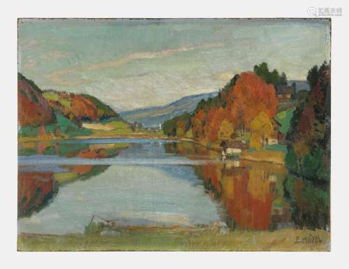 Ernst Hodel (1881-1955)<br />
Paysage lacustre, huile sur pa...