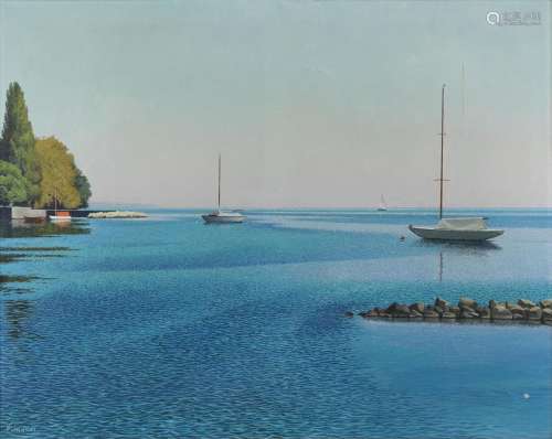 Pierre Jaques (1913-2000)<br />
Bord du lac à Tannay, huile ...