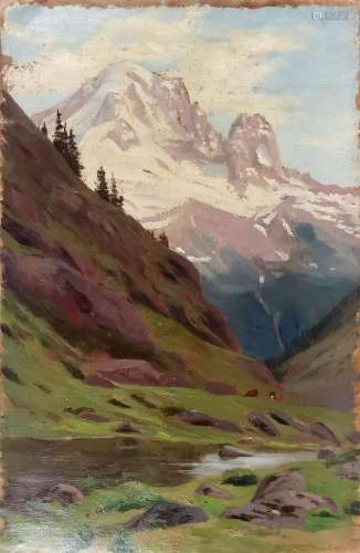 Asda Guder (1857-1937)<br />
Vallée alpine, huile sur papier...