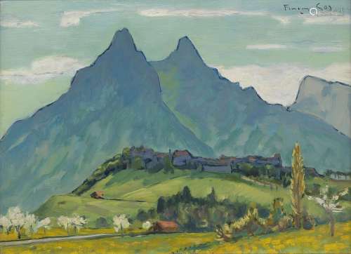 François Gos (1880-1975)<br />
Gruyères au printemps, huile ...