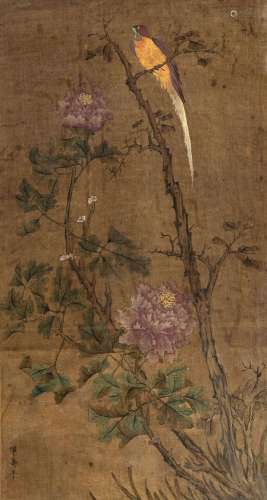 Fleurs et oiseau, peinture sur soie, Chine, dynastie Qing, s...