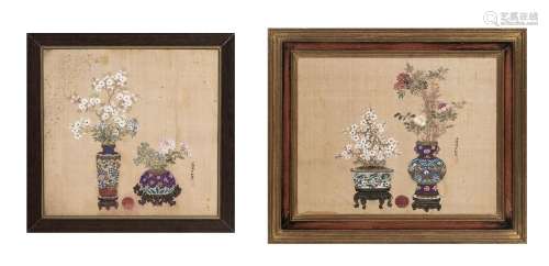 Vases aux fleurs, 2 peintures sur soie, Chine, dynastie Qing...