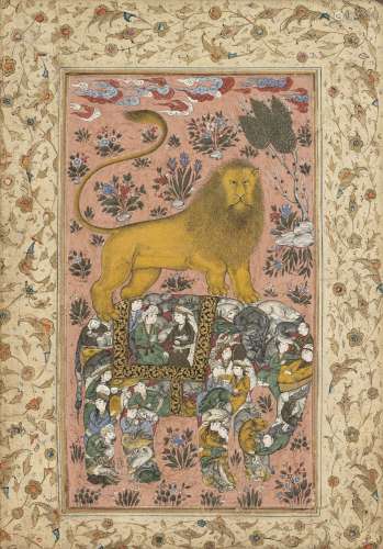 Miniature indo-persane sur papier montrant un lion triomphan...