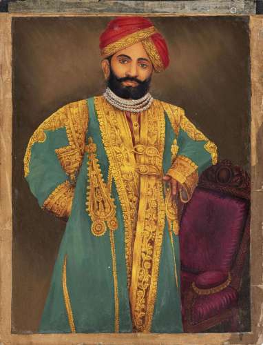 Portrait du raja de Dhar, tirage colorié à la main, Inde, ca...