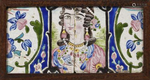 2 carreaux en céramique formant un portrait de femme, Iran, ...