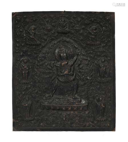 Grande plaque votive en cuivre repoussé, Tibet, XIXe s., 30x...
