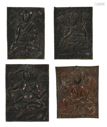 Ensemble de 4 plaques votives en métal repoussé, Tibet, XIX-...