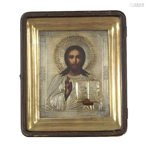 Christ Pantokrator, icône sur panneau avec oklad en vermeil,...
