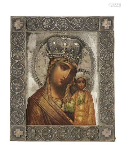 Vierge de Kazan, icône sur panneau polychrome, Russie XIXe s...