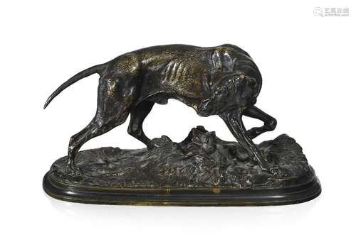 Pierre-Jules Mène (1810-1879), Braque, bronze à patine verte...