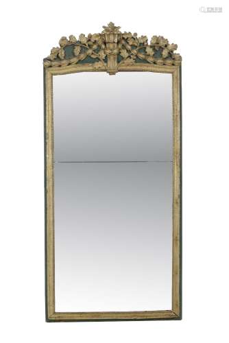 Miroir d'époque Louis XVI, en bois peint vert et doré, à déc...