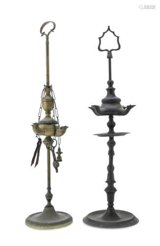 TWO METAL OIL LAMPS, 19th CENTURY