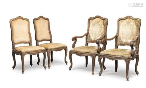 PAIR OF ARMCHAIRS AND TWO CHAIRS IN WALNUT, NORTHERN ITALY L...