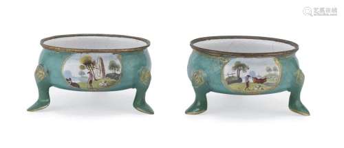 PAIR OF ENAMEL SALT CELLARS, ENGLAND BUTTERSEA LATE 18th CEN...