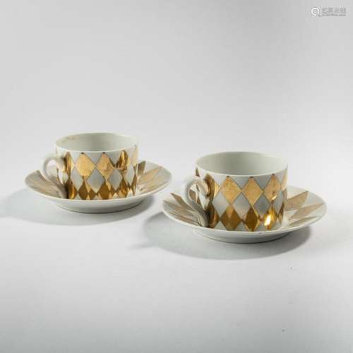 PIERO FORNASETTI, 2  ROMBI  COFFEE CUPS AND SAUCERS, 1950S