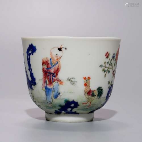 19 世紀 粉彩嬰戲詩文雞缸杯