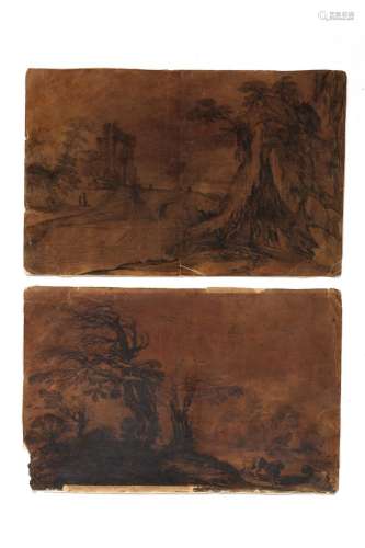 Imitatore di Guercino, secolo XVIII - Two landscapes with by...
