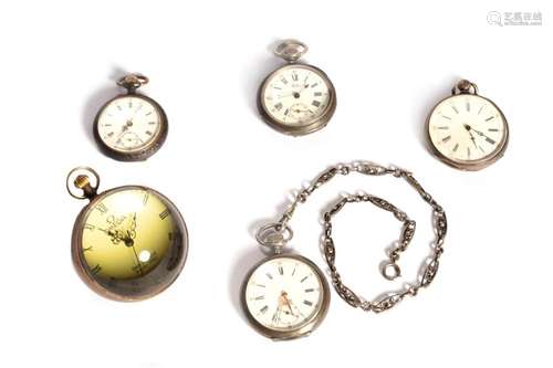 Lot consisting of four pocket watches and one Omega table cl...