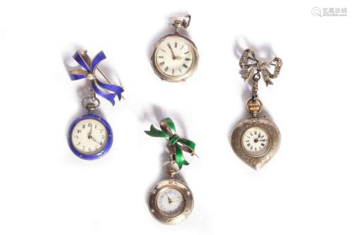 Lot consisting of four silver and enamel pocket watches, lat...