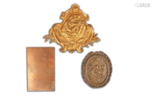 Lot consisting of two bronze plaques and a copper plate for ...