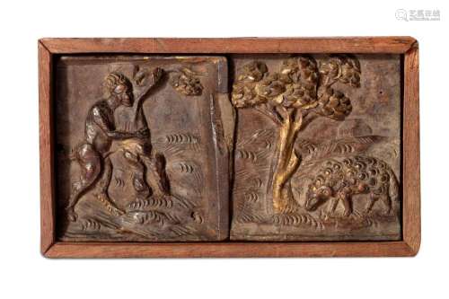 Antique wooden bas-relief depicting a satyr and a sheep with...