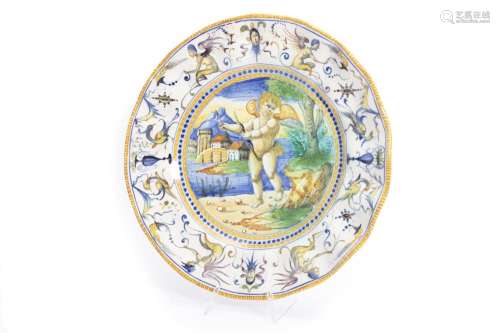 Historiated ceramic plate with grotesque brim, Cantagalli la...